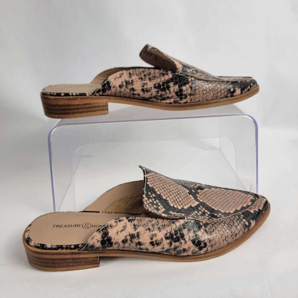 Treasure & Bond Womens 6.5 Tan Snake Print Slip On Mules‎ Business Casual Office
